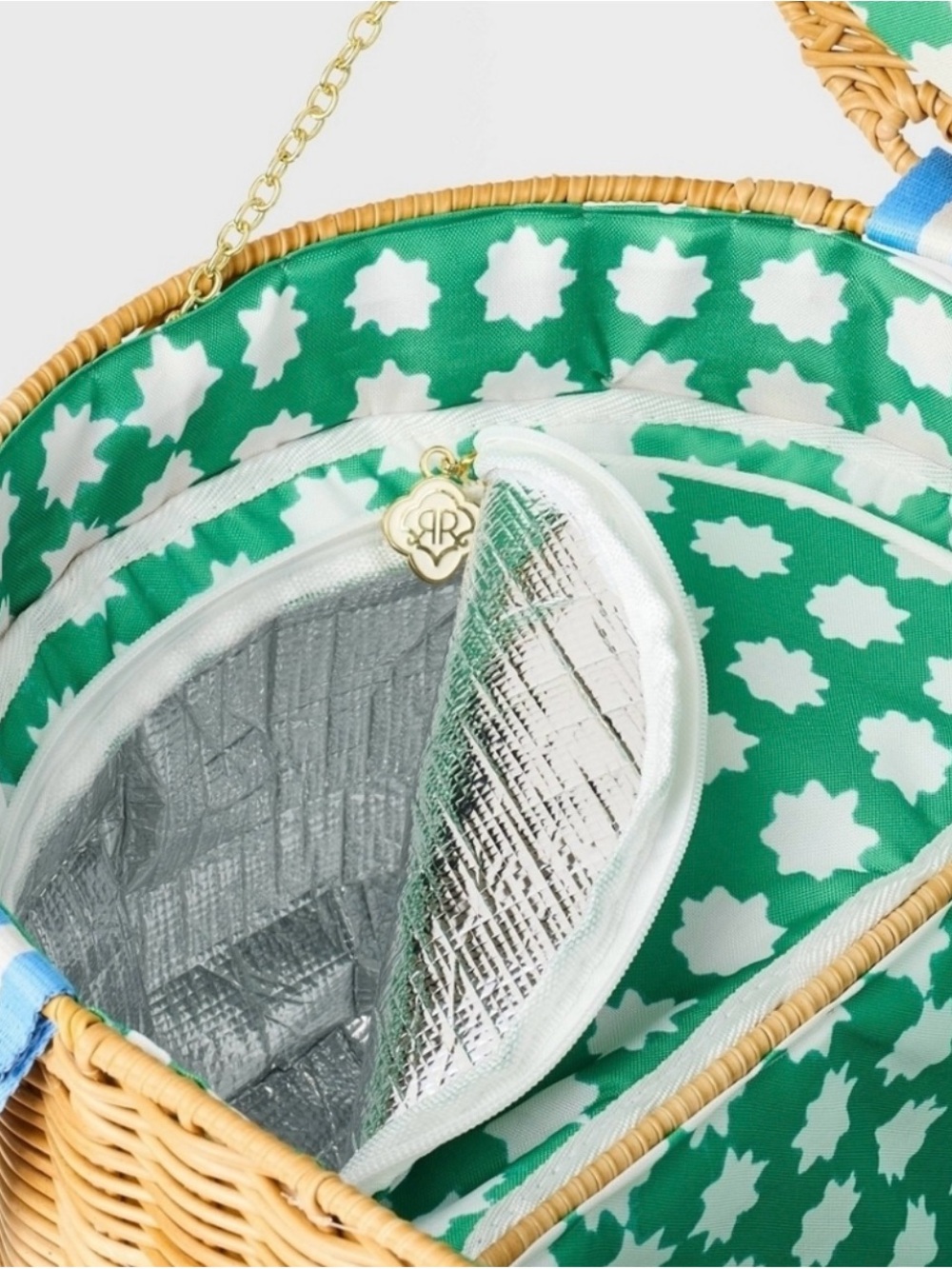 Roller Rabbit Green and White Star-Print Wicker Insulated Tote with Gold Charm